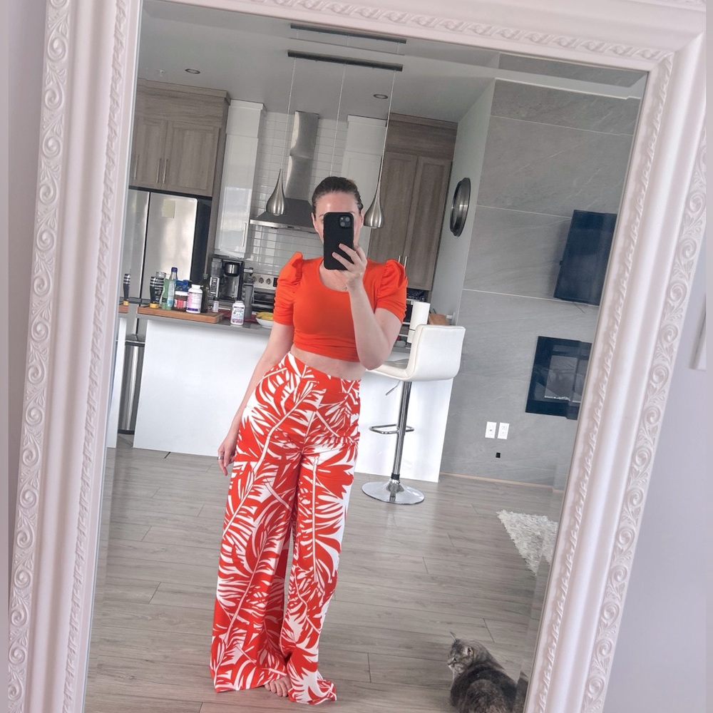 Orange Tropical Print Women's 2 piece pant with top